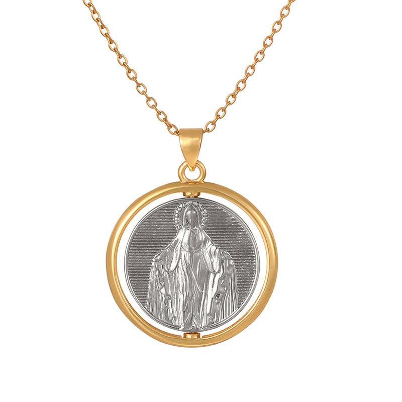 Gold 1 Round Double-sided Rotating Portrait Titanium Steel Necklace