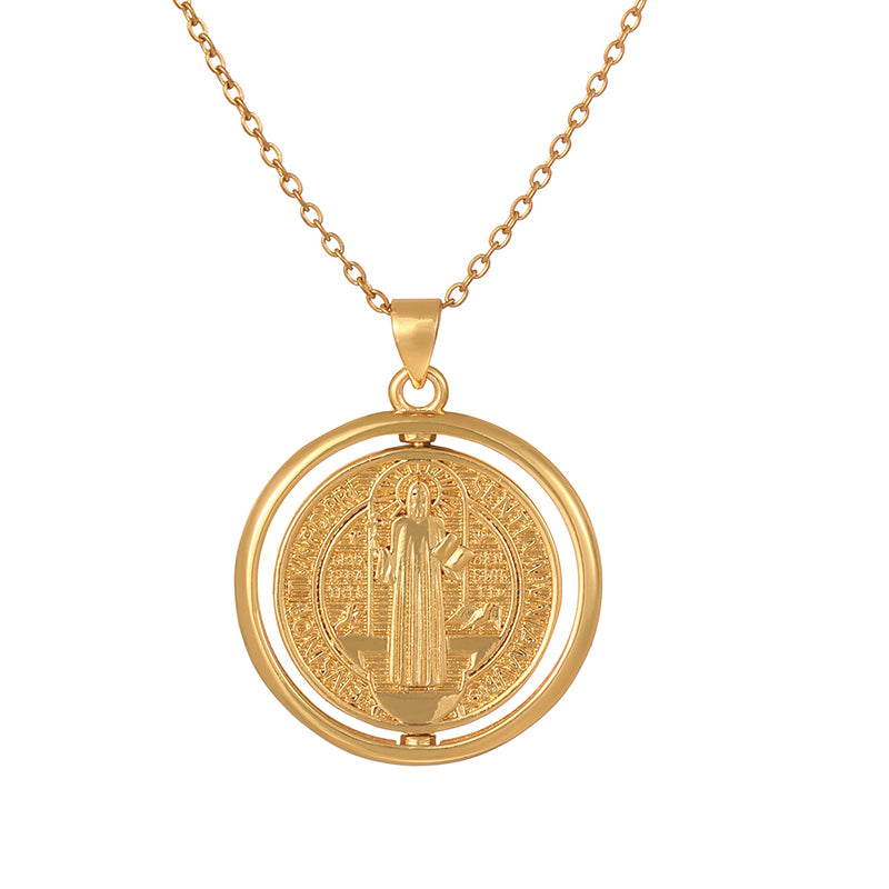 Gold 1 Round Double-sided Rotating Portrait Titanium Steel Necklace