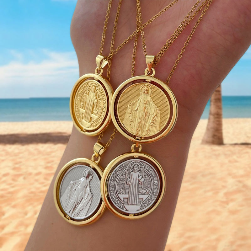 Gold 1 Round Double-sided Rotating Portrait Titanium Steel Necklace