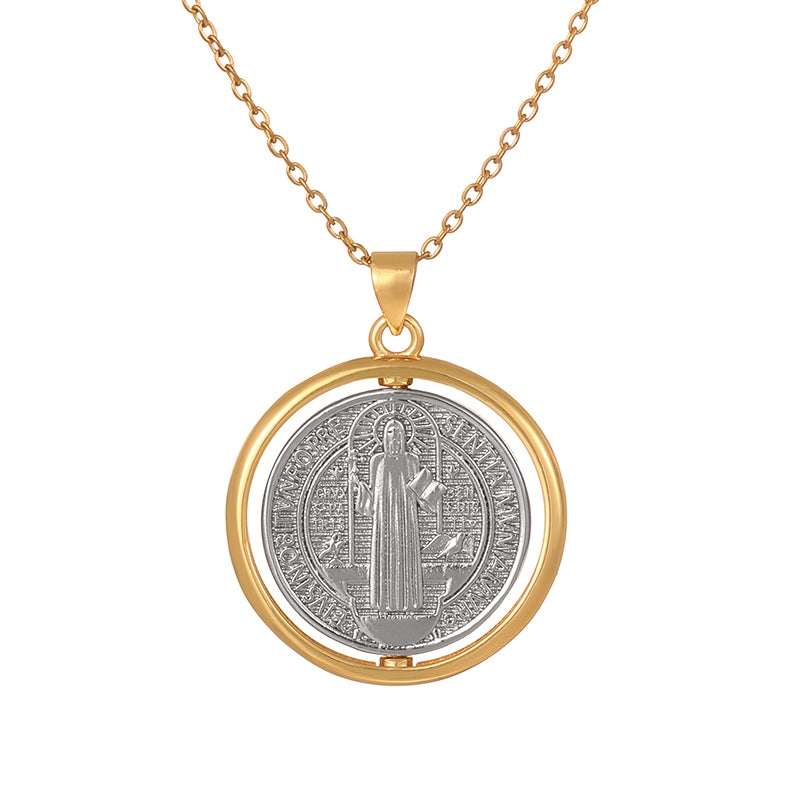 Gold 1 Round Double-sided Rotating Portrait Titanium Steel Necklace