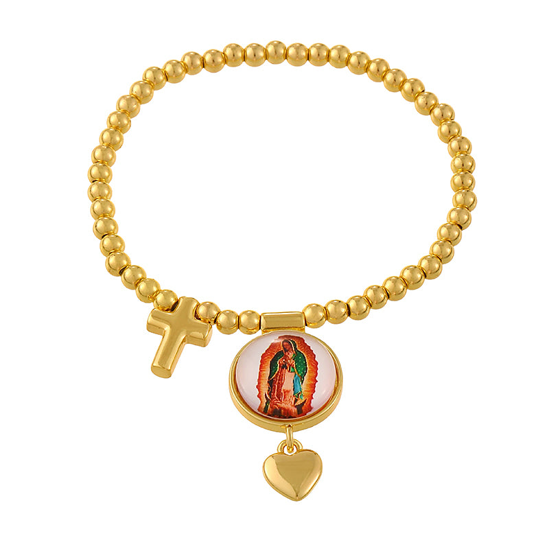 Gold 1 Round Religious Figure Heart Beaded Bracelet