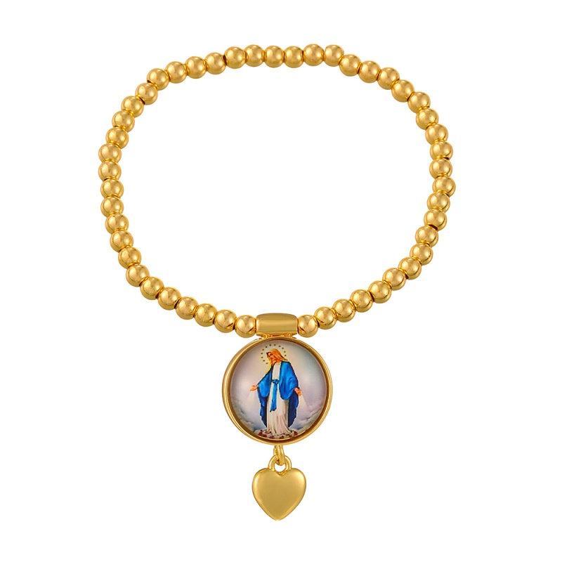 Gold 1 Round Religious Pattern Heart Beaded Bracelet