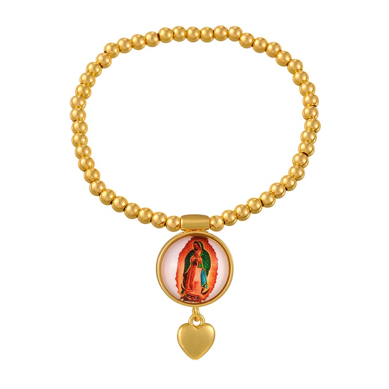 Gold 1 Round Religious Pattern Heart Beaded Bracelet