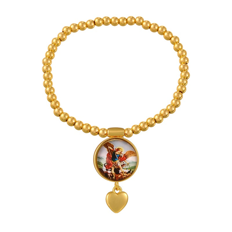 Gold 1 Round Religious Pattern Heart Beaded Bracelet