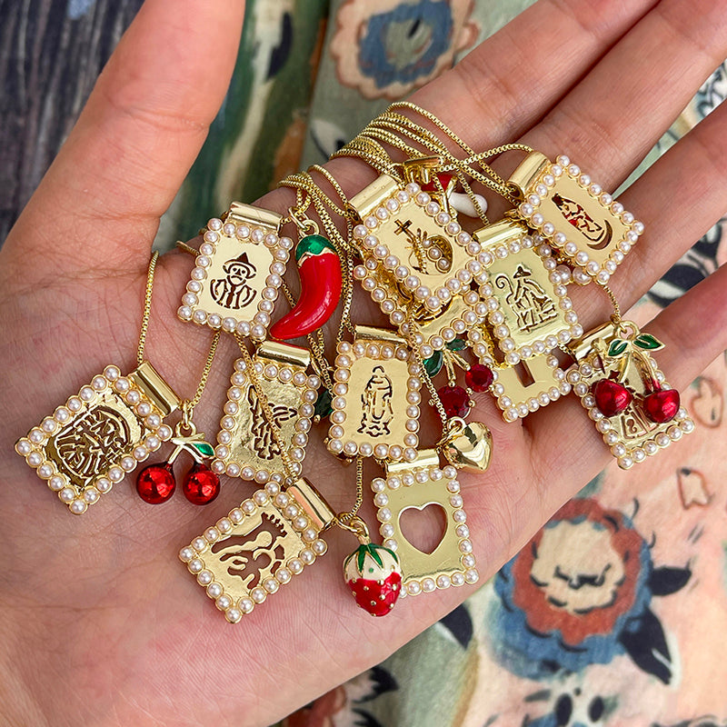 Gold 1 Square Hollow Pattern Oil-dripping Cherry Necklace (with Needle)