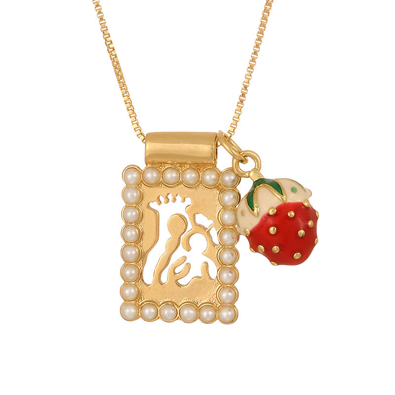 Gold 1 Square Hollow Pattern Oil-dripping Cherry Necklace (with Needle)