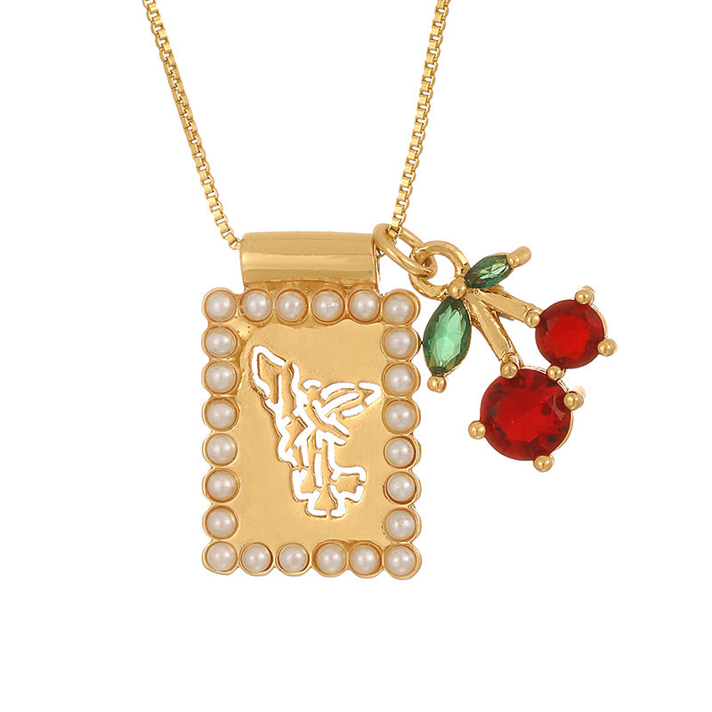 Gold 1 Square Hollow Pattern Oil-dripping Cherry Necklace (with Needle)