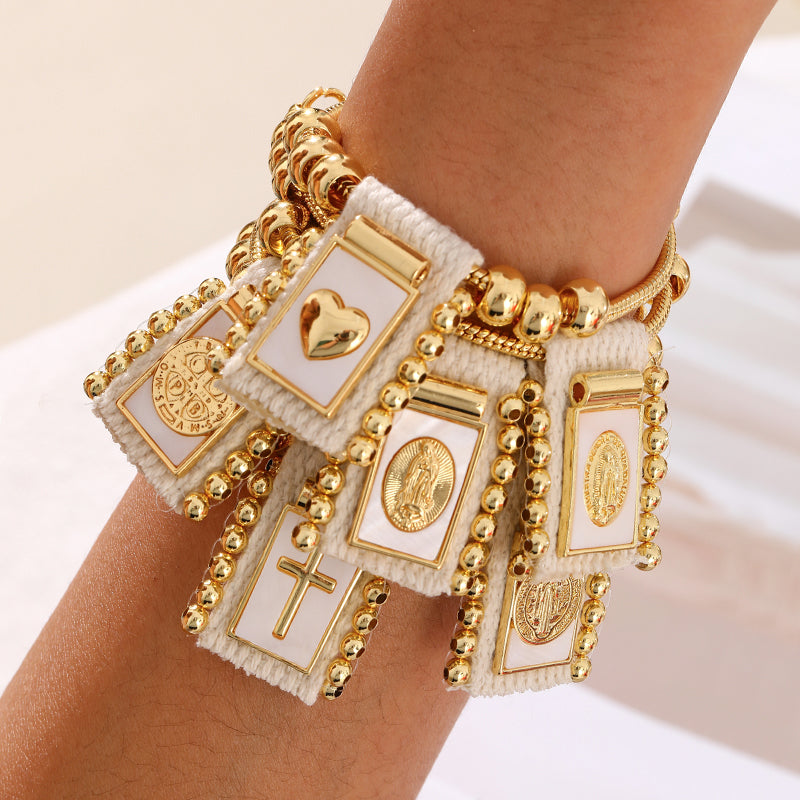 Gold 1 Square Seashell Religious Series Beaded Woven Bracelet