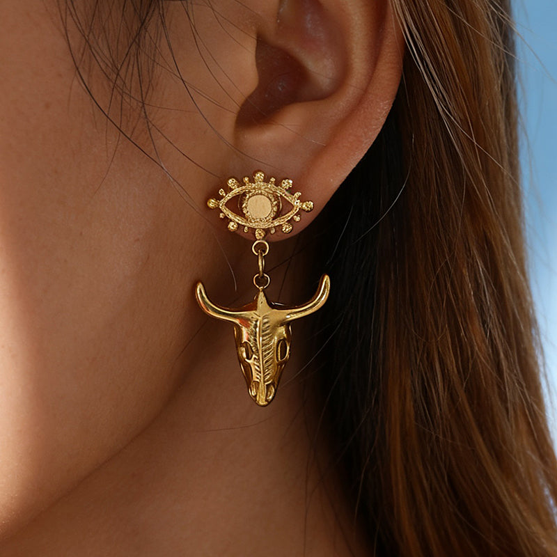 Gold 1 Titanium Steel Bull Head Earrings