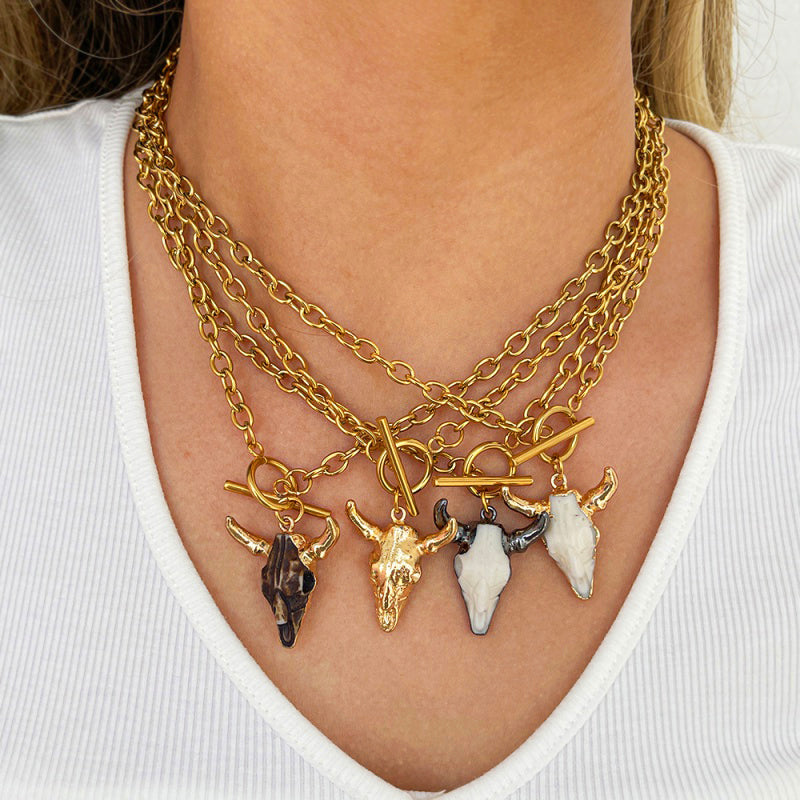 Gold 1 Titanium Steel Bull Head Series Ring Buckle Necklace