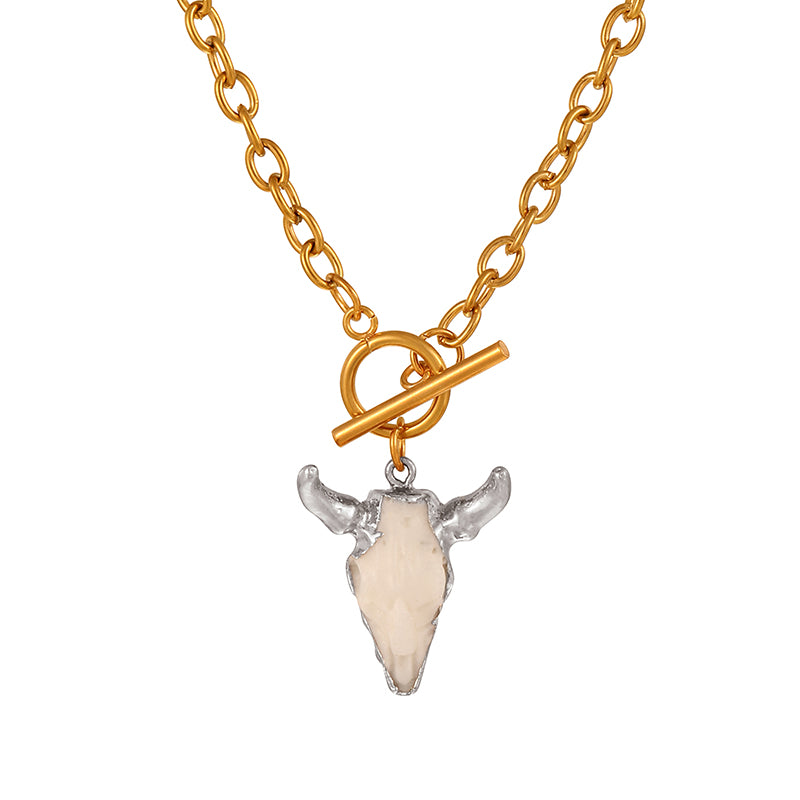 Gold 1 Titanium Steel Bull Head Series Ring Buckle Necklace