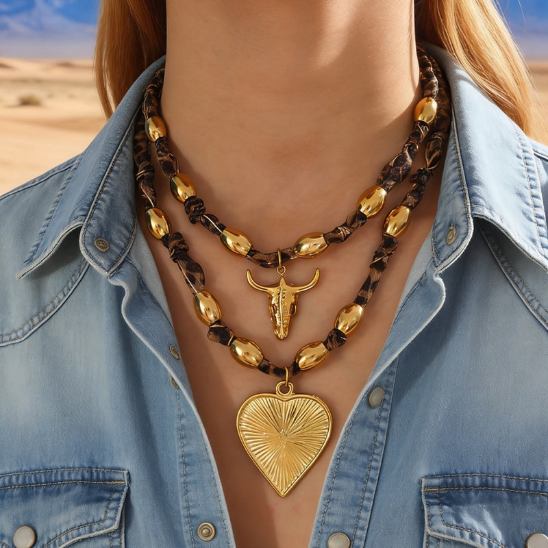 Gold 1 Titanium Steel Heart Series Leopard Print Ribbon Beaded Necklace