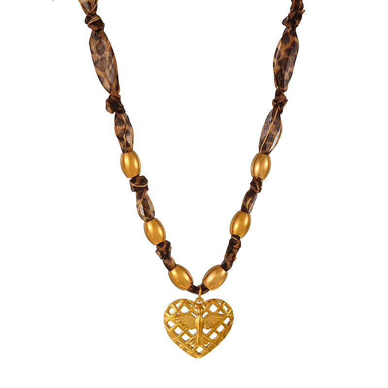Gold 1 Titanium Steel Heart Series Leopard Print Ribbon Beaded Necklace