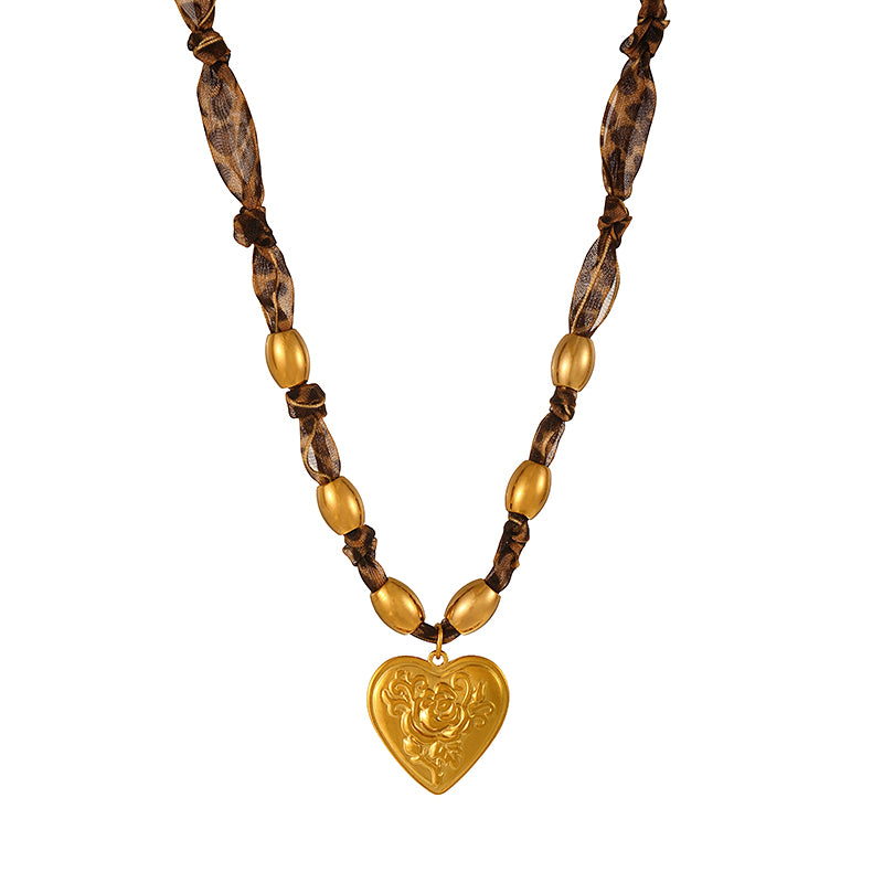 Gold 1 Titanium Steel Heart Series Leopard Print Ribbon Beaded Necklace