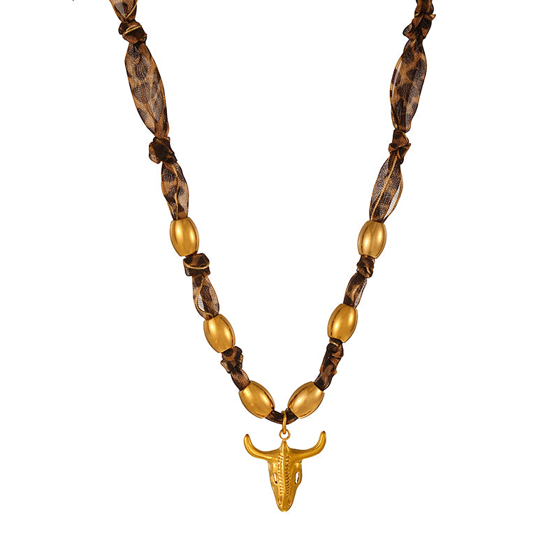 Gold 1 Titanium Steel Heart Series Leopard Print Ribbon Beaded Necklace