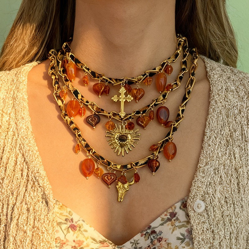 Gold 1 Titanium Steel Heart Tassel Chain Fabric Necklace