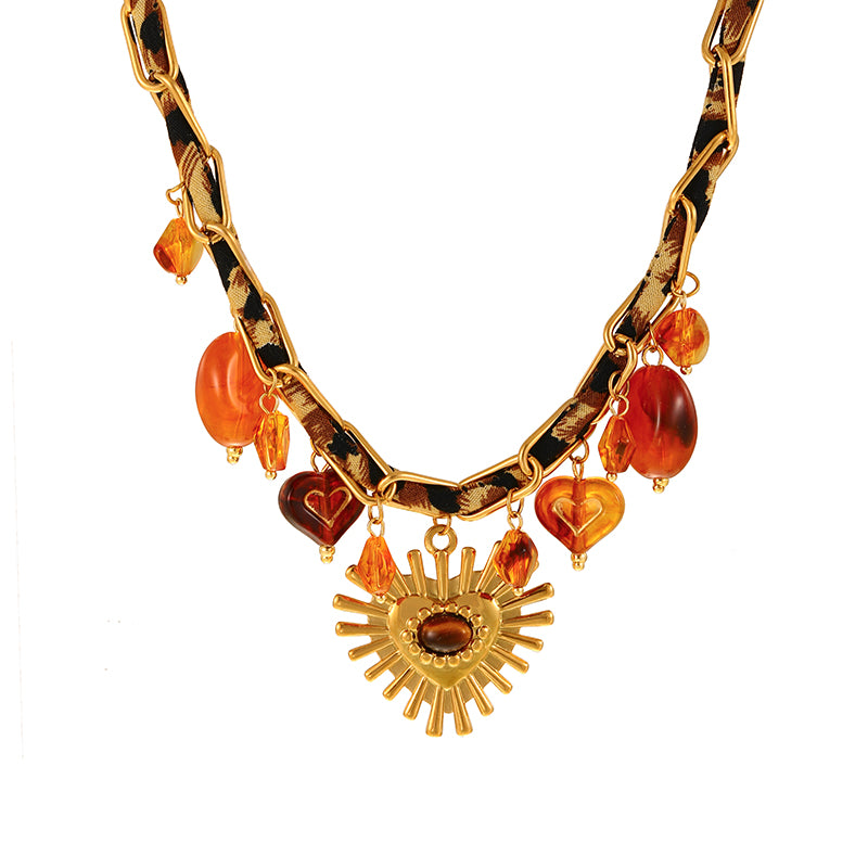 Gold 1 Titanium Steel Heart Tassel Chain Fabric Necklace