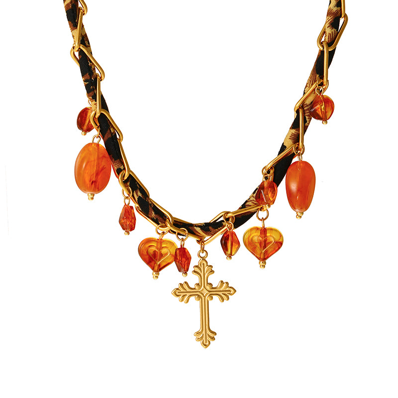 Gold 1 Titanium Steel Heart Tassel Chain Fabric Necklace