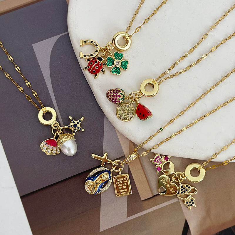 Gold 1 Titanium Steel Inlaid Zirconium Oil Drop Religious Necklace