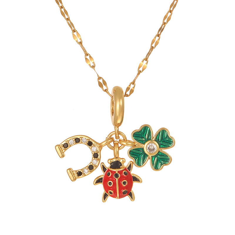 Gold 1 Titanium Steel Inlaid Zirconium Oil Drop Religious Necklace