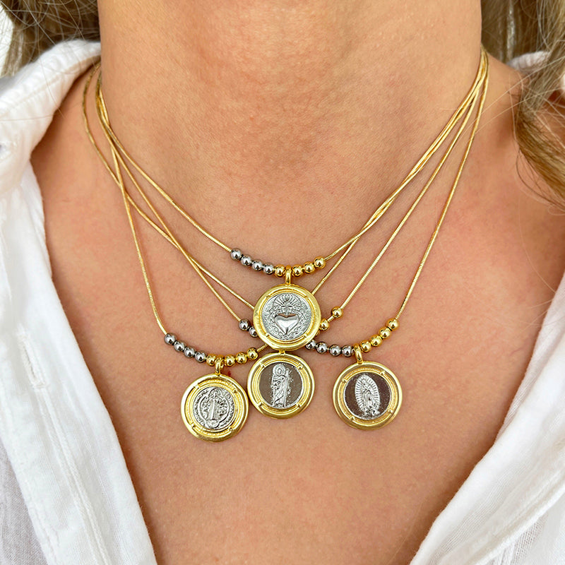 Gold 1 Titanium Steel Round Heart Beaded Colorblock Necklace