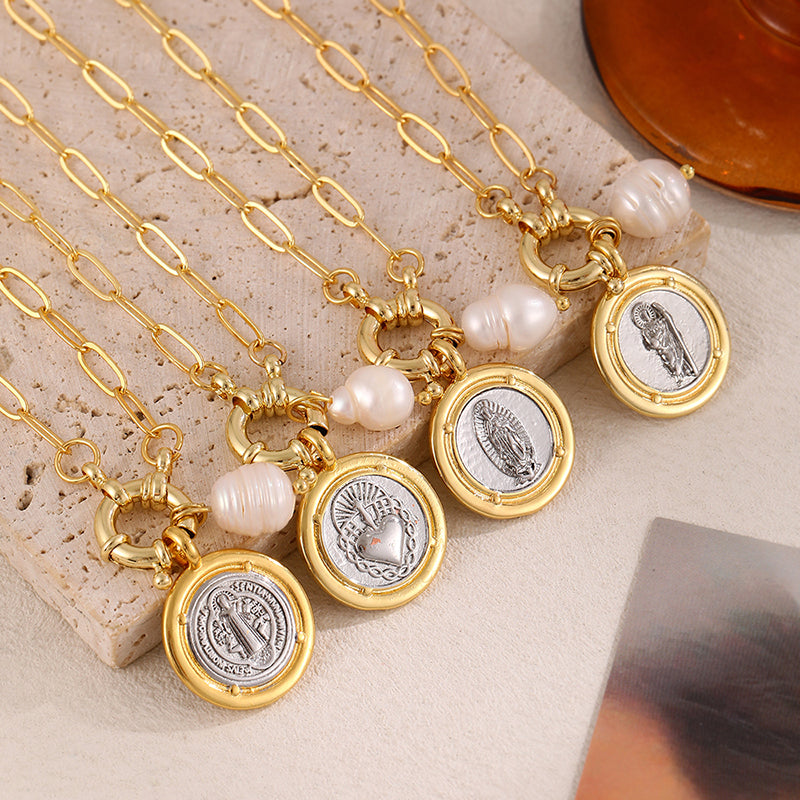 Gold 1 Titanium Steel Round Heart Freshwater Pearl Ring Necklace