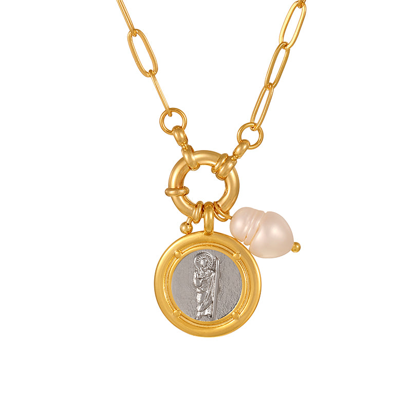 Gold 1 Titanium Steel Round Heart Freshwater Pearl Ring Necklace