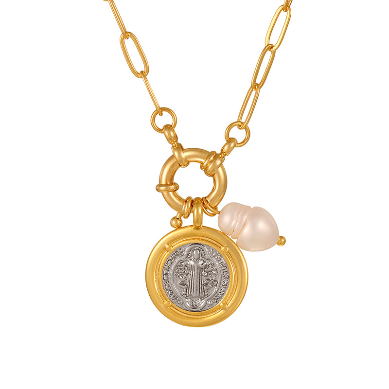 Gold 1 Titanium Steel Round Heart Freshwater Pearl Ring Necklace