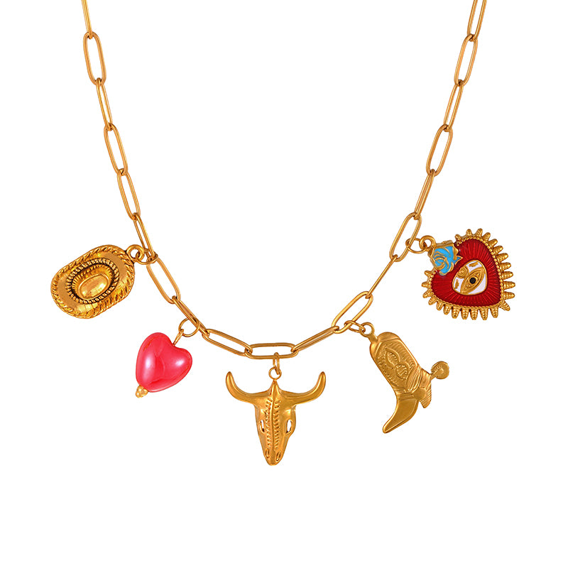 Gold 1 Western Cowboy Oil-drip Heart Eye Titanium Steel Necklace