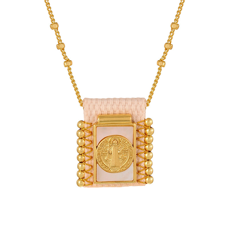 Gold 1 Woven Square Seashell Portrait Beaded Necklace