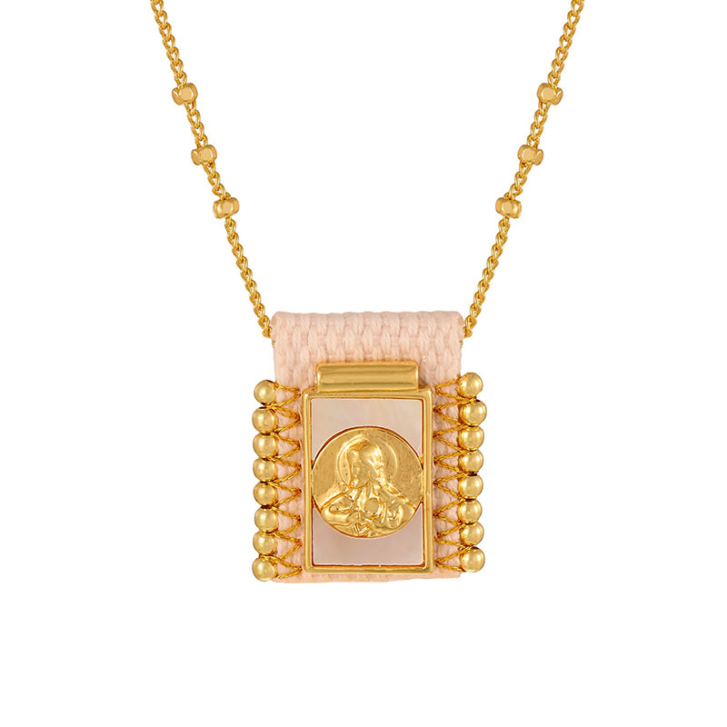 Gold 1 Woven Square Seashell Portrait Beaded Necklace