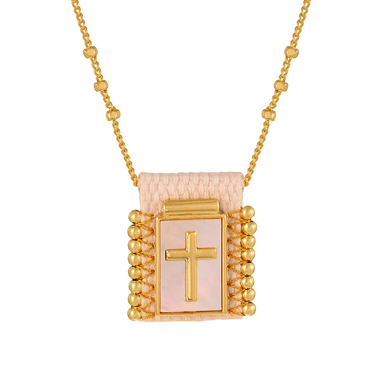 Gold 1 Woven Square Seashell Portrait Beaded Necklace