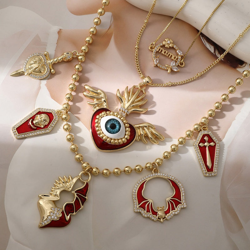 Gold 2 Copper Inlaid Zircon Oil Dripping Heart Eye Beaded Necklace (2mm)