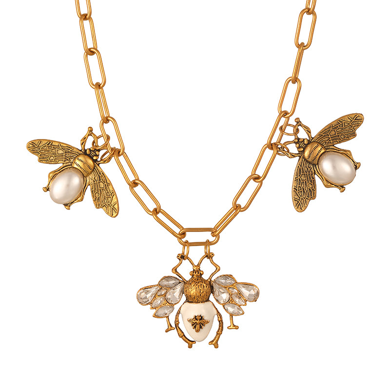 Gold 2 Diamond And Oil-drop Pearl Bee Bracelet