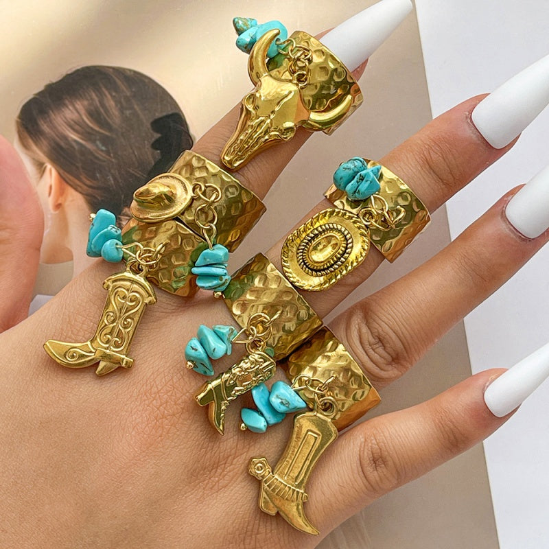 Gold 2 Titanium Steel Turquoise Hat Ring