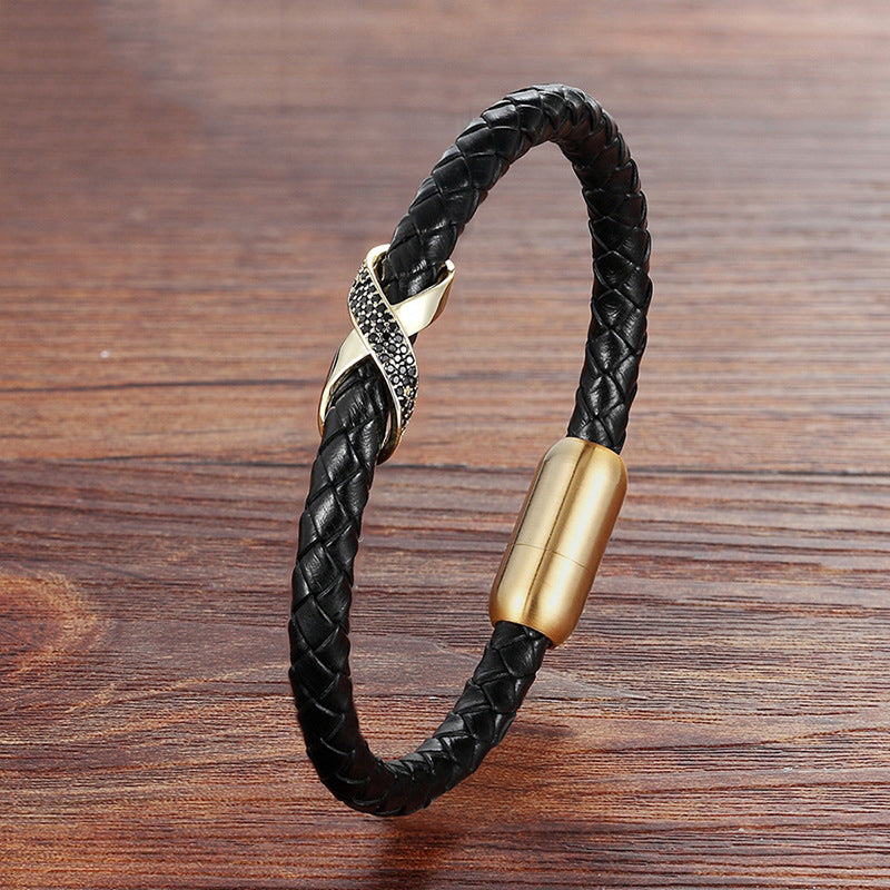 Gold - 23cm Titanium Steel Leather Rope Braided Bracelet