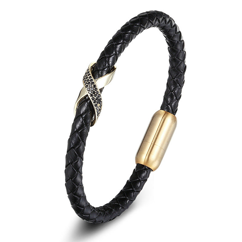 Gold - 23cm Titanium Steel Leather Rope Braided Bracelet