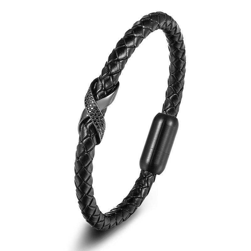 Gold - 23cm Titanium Steel Leather Rope Braided Bracelet