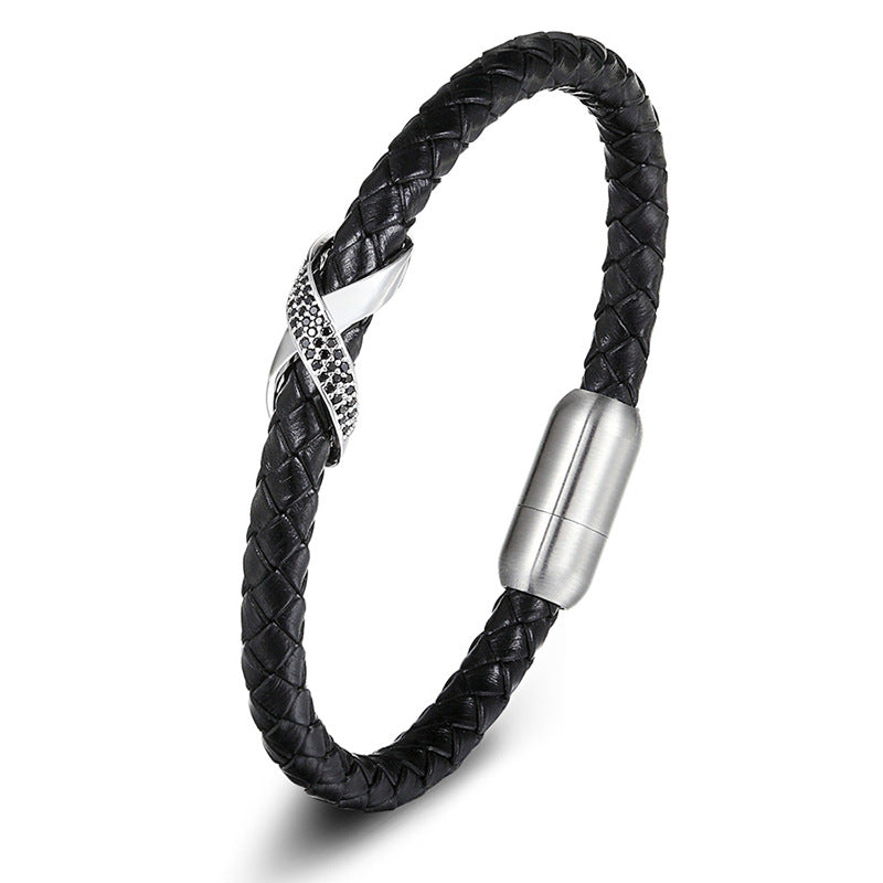 Gold - 23cm Titanium Steel Leather Rope Braided Bracelet