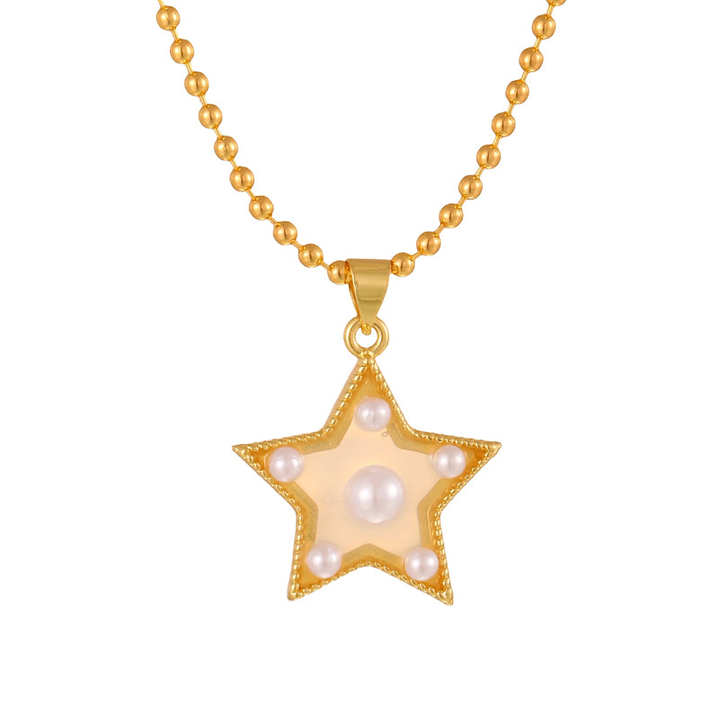Gold 4 Imitation Pearl Five-pointed Star Brass Necklace