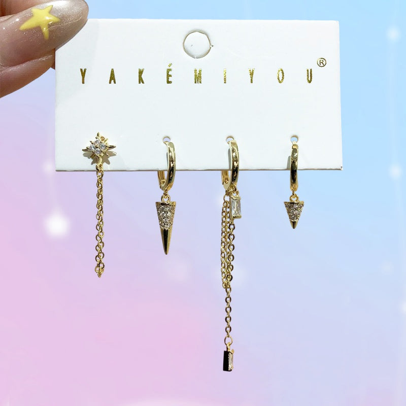 Gold 4-piece Copper-inlaid Zircon Star Chain Earrings
