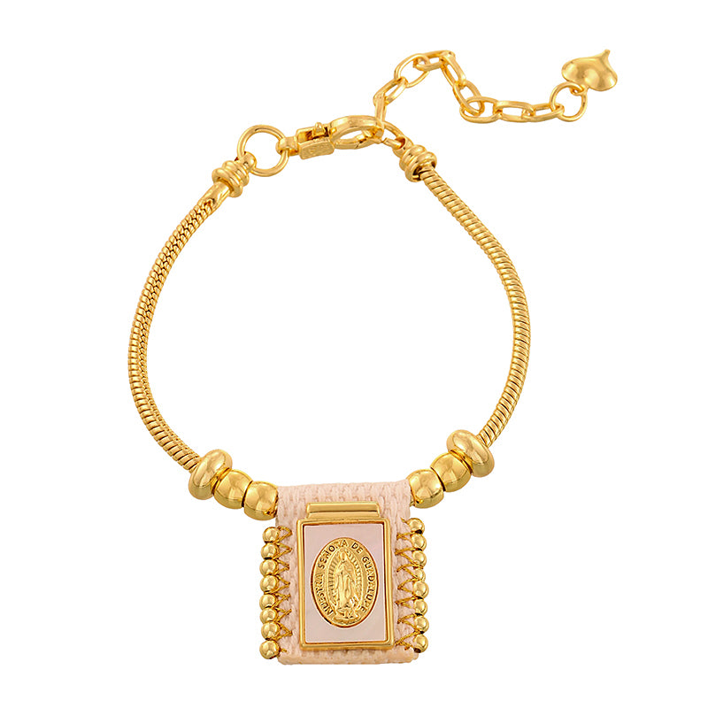 Gold 5 Woven Square Seashell Portrait Beaded Bracelet