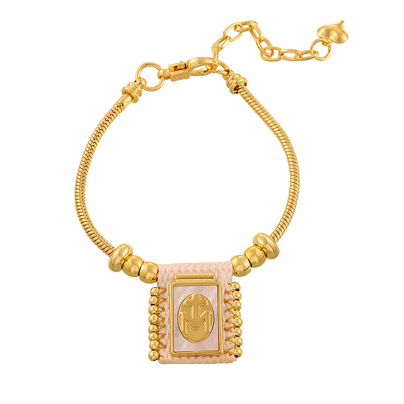 Gold 5 Woven Square Seashell Portrait Beaded Bracelet