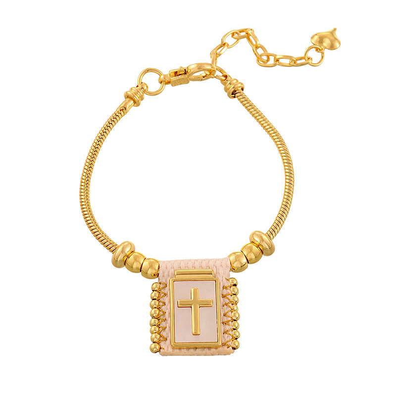 Gold 5 Woven Square Seashell Portrait Beaded Bracelet