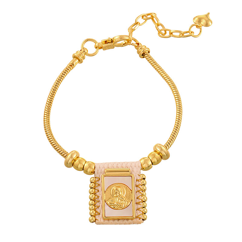 Gold 5 Woven Square Seashell Portrait Beaded Bracelet