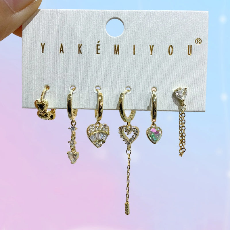 Gold 6-piece Set Of Copper And Zircon Heart-shaped Chain Earrings
