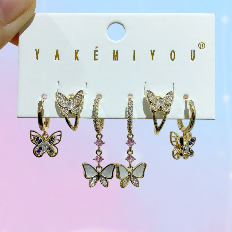 Gold 6-piece Set Of Copper And Zircon Shell Butterfly Earrings