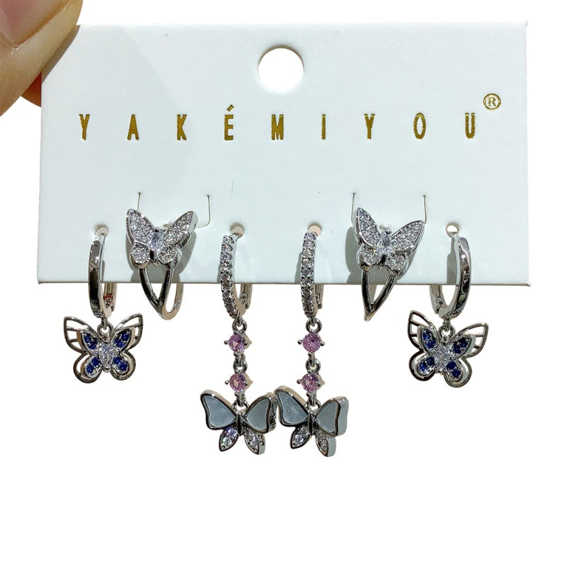 Gold 6-piece Set Of Copper And Zircon Shell Butterfly Earrings