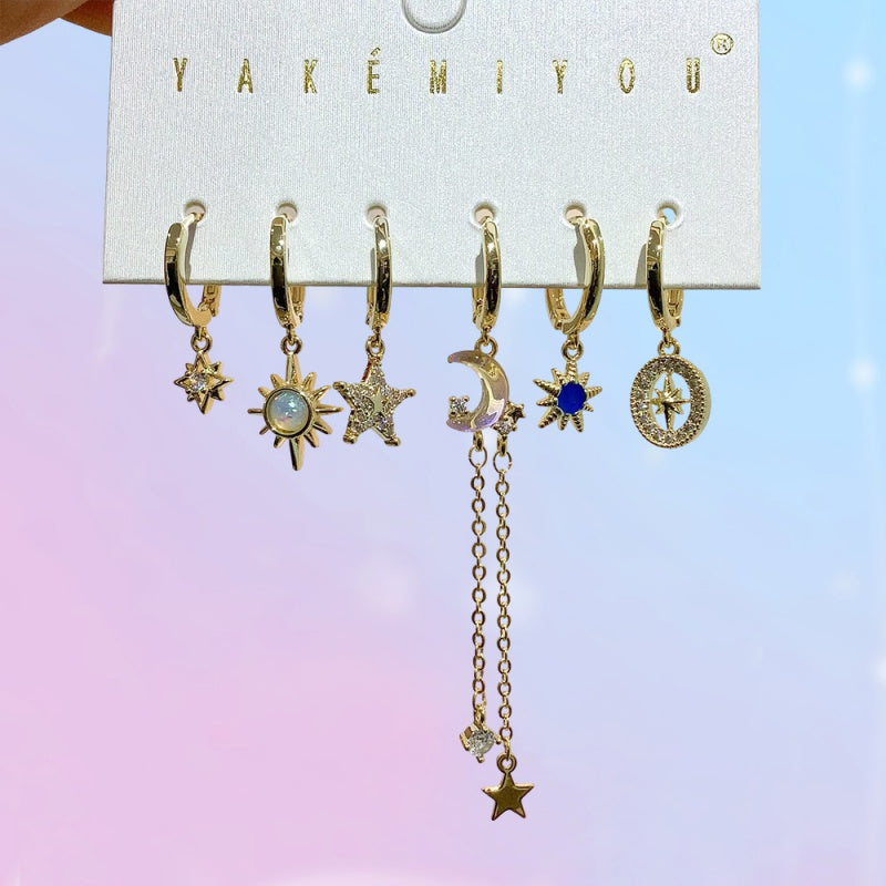 Gold 6-piece Set Of Copper And Zircon Star Moon And Sun Chain Earrings