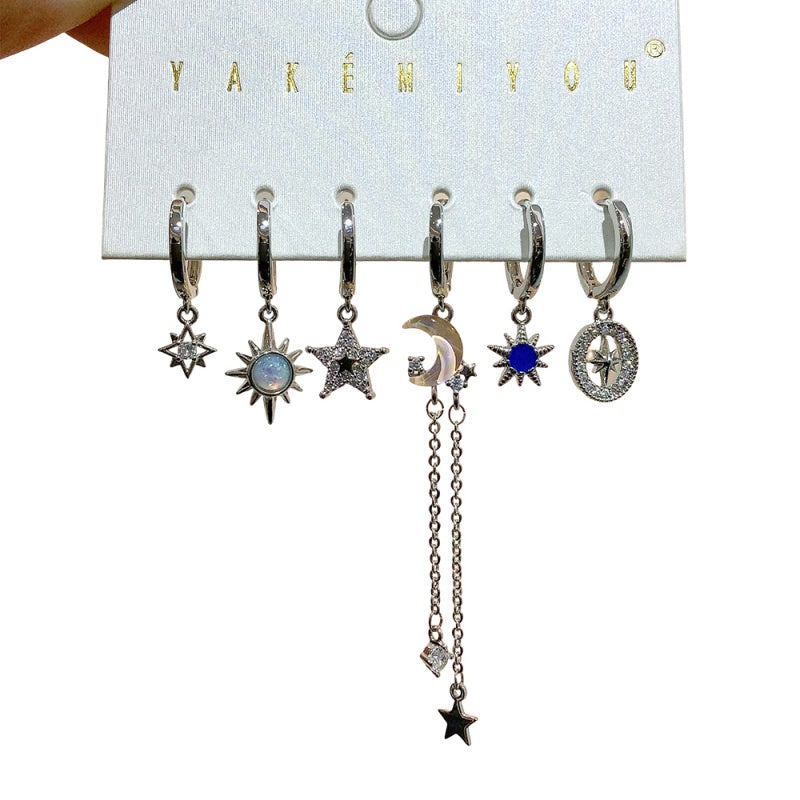 Gold 6-piece Set Of Copper And Zircon Star Moon And Sun Chain Earrings